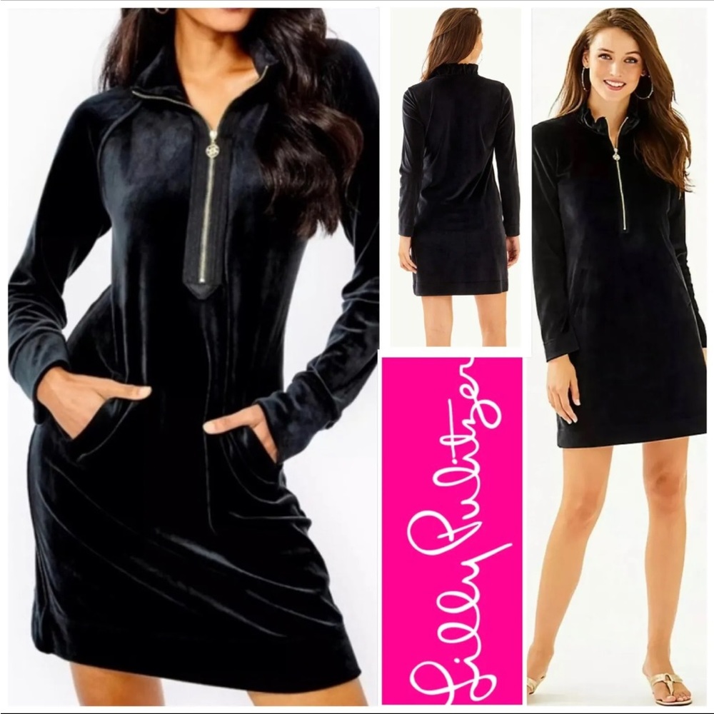 EUC Lilly Pulitzer Skipper Popover Velour Dress Onyx +Ruffle Zip Up Neck